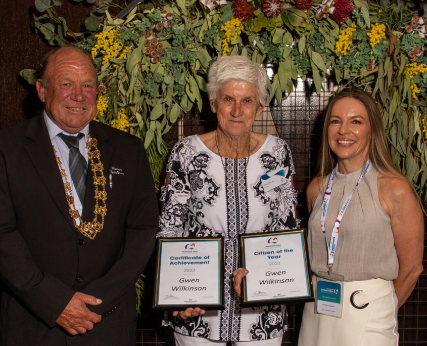 Citizen of the Year Gwen Wilkinson - pictured with Mayor of Wentworth Shire Cr Tim Elstone & Australia Day Ambassador Dr Clio Cresswell