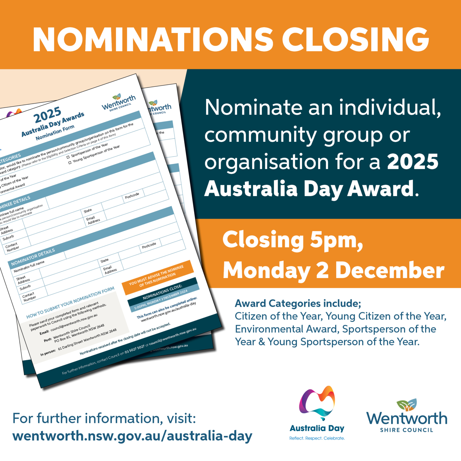 2025 Australia Day Award Nominations for Wentworth Shire closing Monday